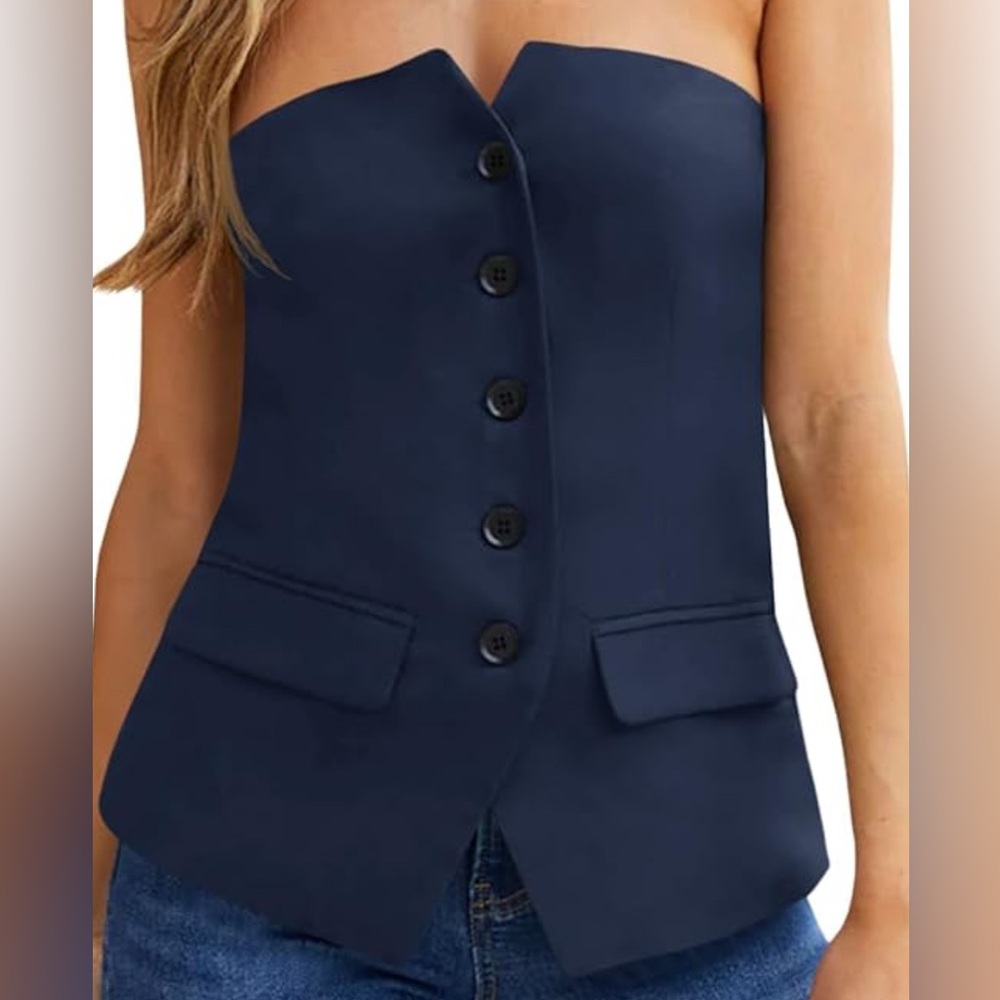 Navy Strapless Blazer Vest – Notched Neck, Button Front